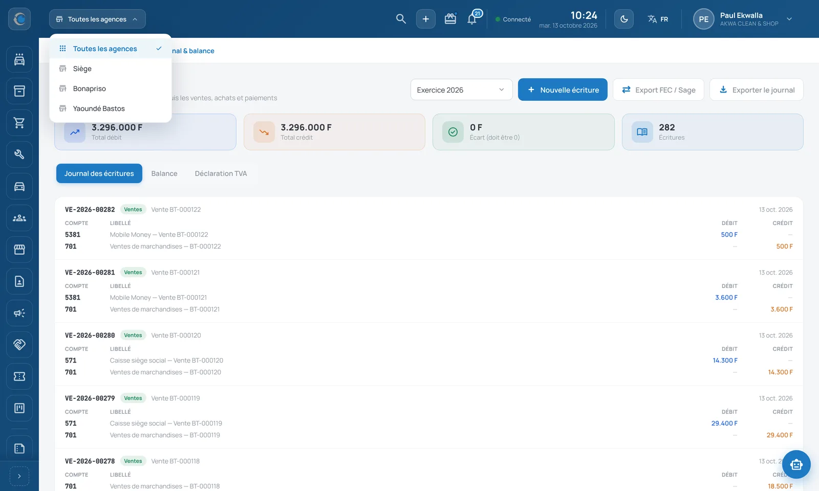 Sélecteur d'agences sur la comptabilité consolidée — interface Lespion ERP